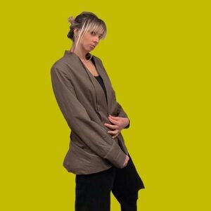 Taupe Brown Open Front Blazer With Shoulder Pads